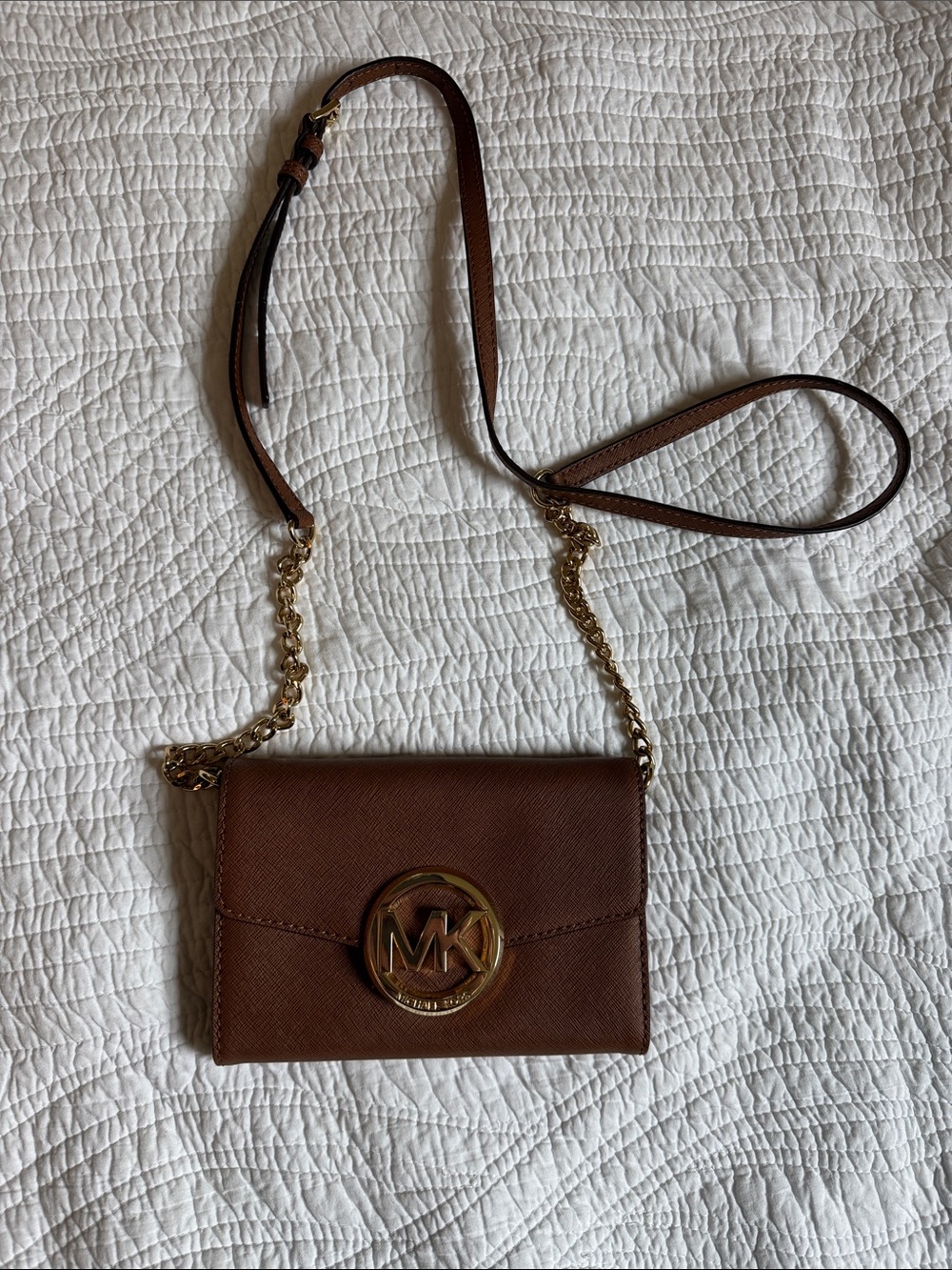 Michael Kors Brown Leather Crossbody with Gold MK Emblem